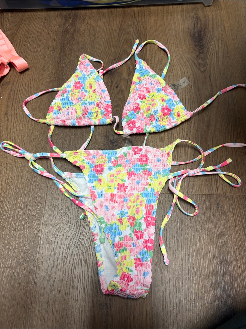 SHEIN Pink Multicolor Floral Smocked Triangle Bikini